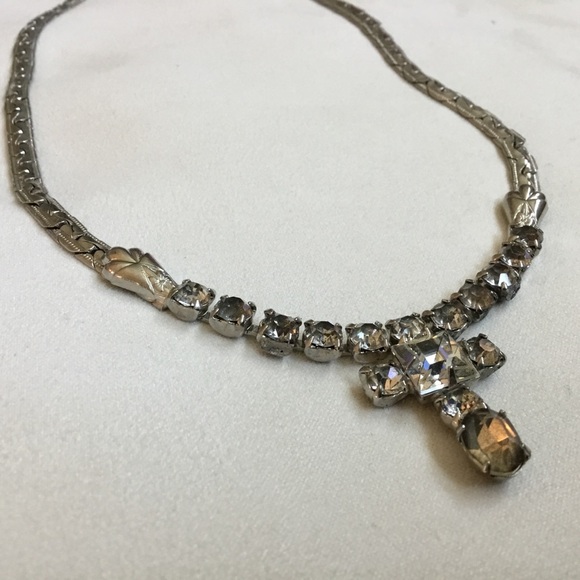Vintage Jewelry - Vintage Silver Cross Necklace with Crystal Accents